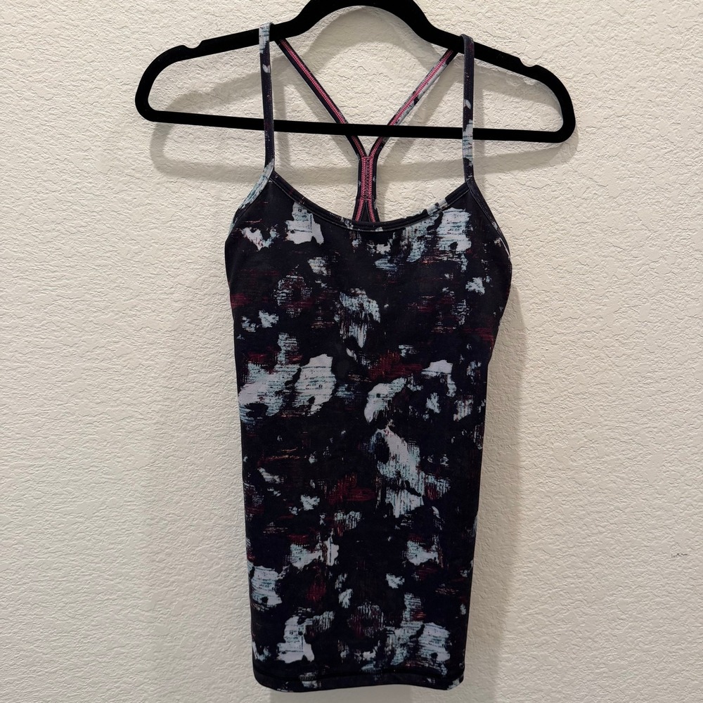 Lululemon Power Y Tank Top Size 4 Abstract Print Racerback Shelf Bra Pink Black